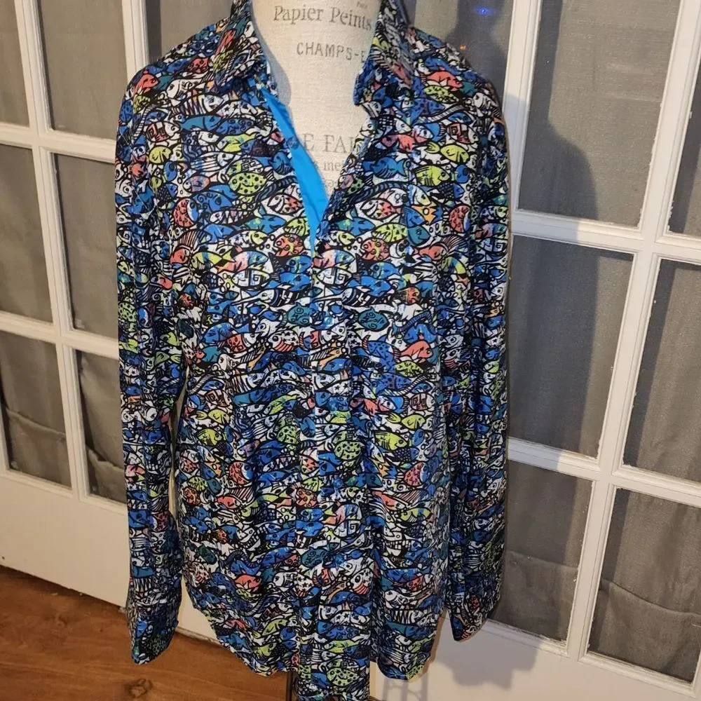 Suslo‎ Mens Fish Print Long Sleeve Button Down Shirt XL